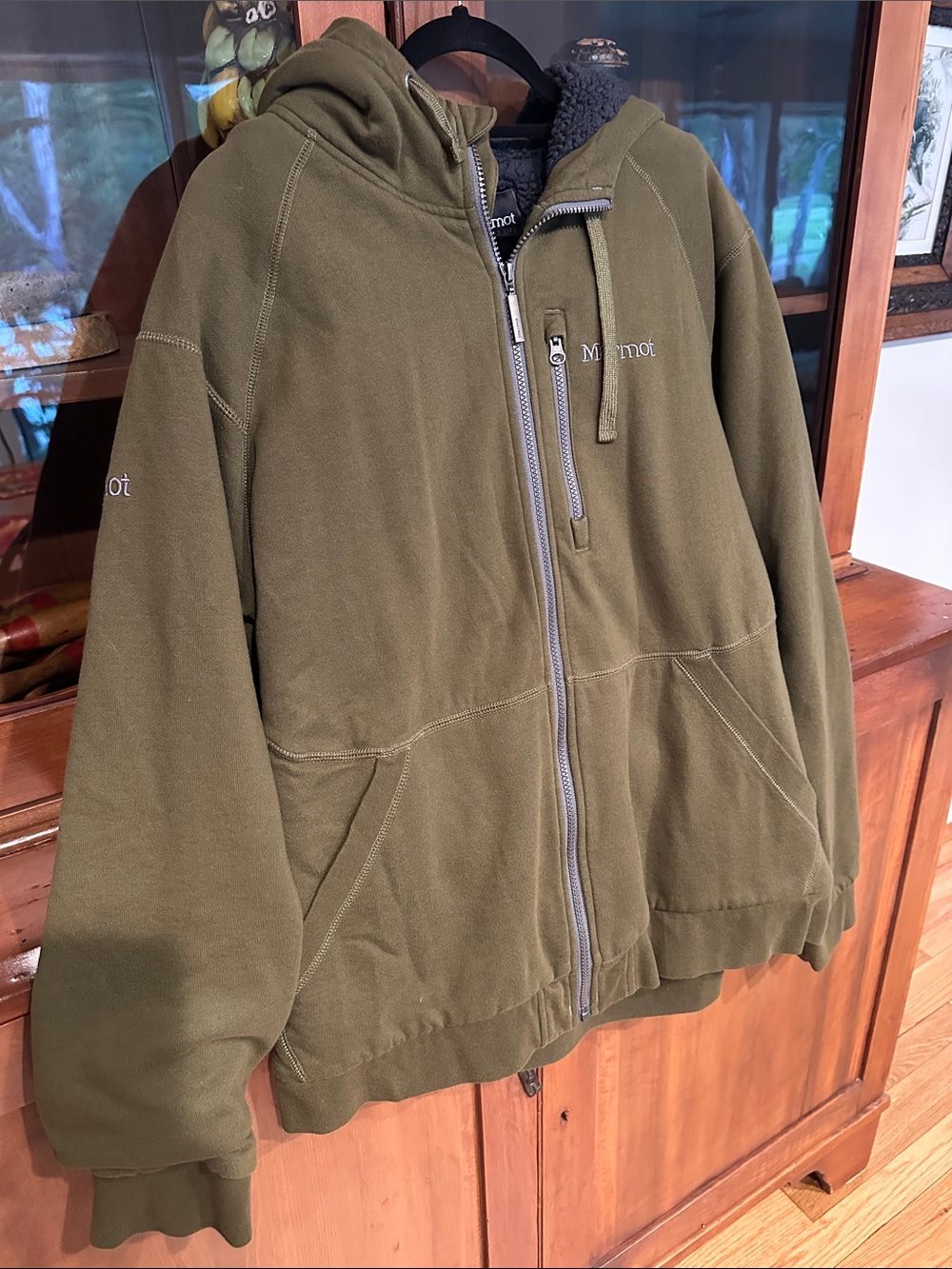 Marmot Men's Olive Green Full-Zip Hooded Fleece Jacket with Chest Zip